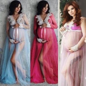 Maternity Photoshoot Lace on Mesh Gown Robe